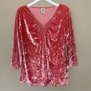 Vintage Y2K Women XL (16/18) Pink Crushed Velvet Top Fairy Whimsi Lace Beaded
